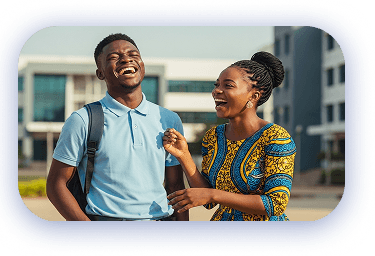 A man and woman laughing in front of their Educational Institution